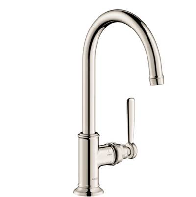Polished nickel single-hole faucet with tall curved spout and lever handle.