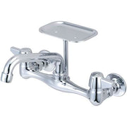 Polished chrome wall-mount kitchen faucet with two handles, curved spout, and rectangular shelf above.