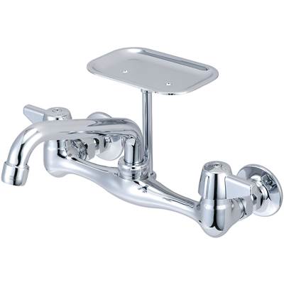 Polished chrome wall-mount kitchen faucet with two handles, curved spout, and rectangular shelf above.