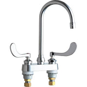 Chrome deck-mounted sink faucet with high arching spout and dual wrist handles.