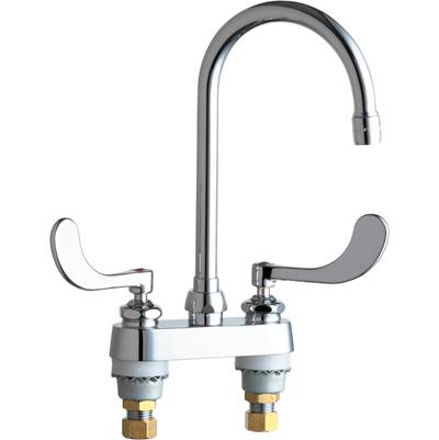 Chrome deck-mounted sink faucet with high arching spout and dual wrist handles.