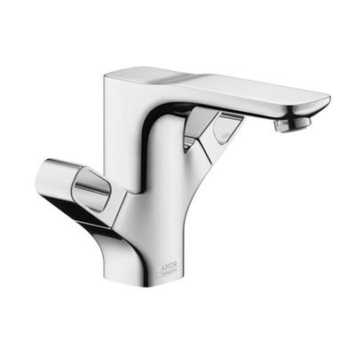 Chrome single-hole bathroom faucet with curved spout and two lever handles on white base.