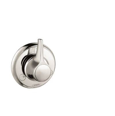 Polished nickel circular shower valve trim with lever handle and visible internal cartridge mechanism.