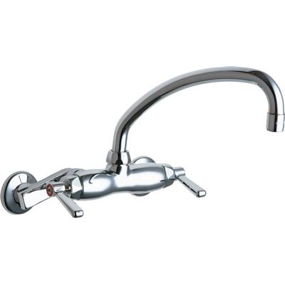 Chrome wall-mounted sink faucet with curved gooseneck spout and dual lever handles for hot and cold water control.