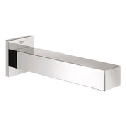 Chrome rectangular tub spout with wall-mounted square bracket and Grohe branding.