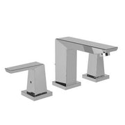 Polished chrome three-piece widespread bathroom faucet with rectangular spout and two lever handles.
