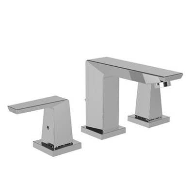 Polished chrome three-piece widespread bathroom faucet with rectangular spout and two lever handles.