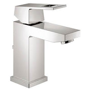 Chrome single-handle bathroom faucet with cubic body design and rectangular spout.