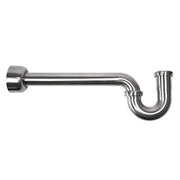 Brushed nickel P-trap with horizontal inlet and vertical outlet connection.