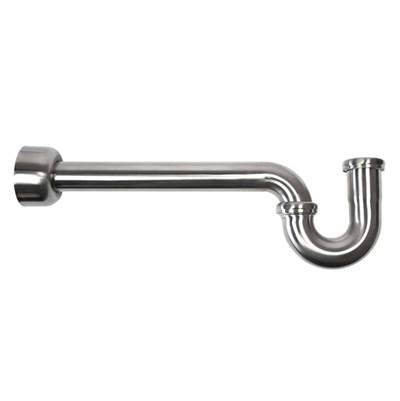Brushed nickel P-trap with horizontal inlet and vertical outlet connection.