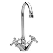 Polished chrome prep/bar faucet with tall gooseneck spout and two cross-handle levers.
