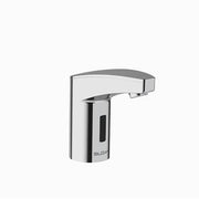 Chrome electronic faucet with sensor activation and curved spout for handwashing.