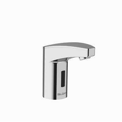 Chrome electronic faucet with sensor activation and curved spout for handwashing.