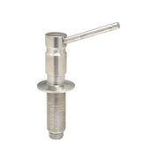 Brushed nickel soap and lotion dispenser pump with angled spout and threaded base for sink mounting.