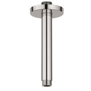 Chrome ceiling-mounted shower arm with circular escutcheon plate and vertical pipe connector.