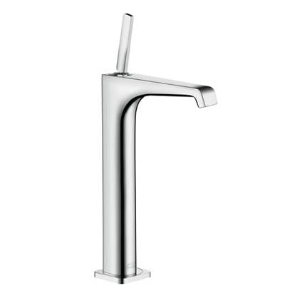 Chrome single-hole lavatory faucet with tall angular spout and lever handle.