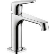 Chrome single-hole bathroom faucet with curved spout and lever handle.