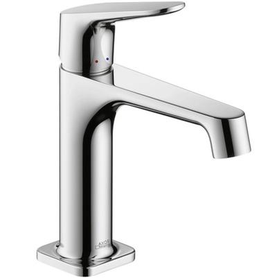 Chrome single-hole bathroom faucet with curved spout and lever handle.