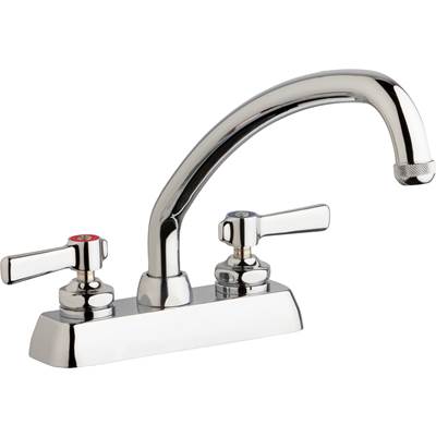 Chrome dual supply washboard sink faucet with curved spout and two lever handles.