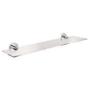 Clear glass shelf with chrome circular wall mounts at each end.