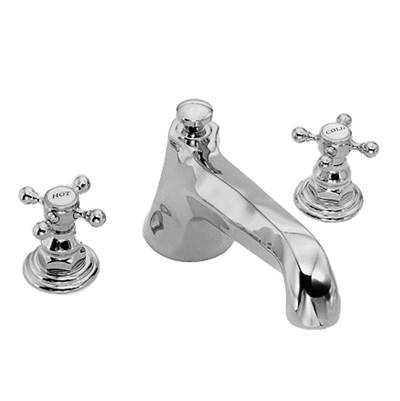 Chrome deck mount Roman tub filler with curved spout and two cross handles.