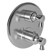 Satin bronze shower valve trim with dual cylindrical handles and round escutcheon plate.