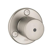 Brushed nickel circular trim plate with protruding knob and two control buttons for shower valve.