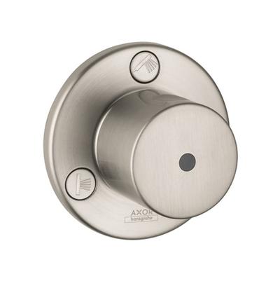 Brushed nickel circular trim plate with protruding knob and two control buttons for shower valve.