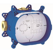Blue Grohe rough-in box with brass ports, adjustment dials, and mounting brackets for plumbing installation.