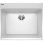 Polar white single-bowl topmount kitchen sink with drain and stainless steel strainer.