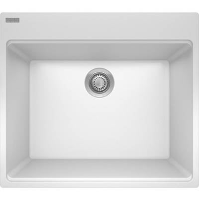 Polar white single-bowl topmount kitchen sink with drain and stainless steel strainer.