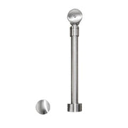 Chrome push-to-seal bath drain assembly with vertical rod and dome-shaped top, shown with separate stopper plug.