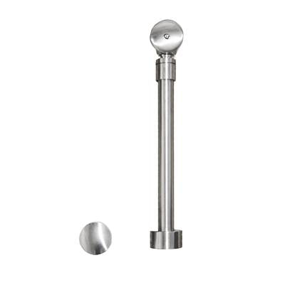 Chrome push-to-seal bath drain assembly with vertical rod and dome-shaped top, shown with separate stopper plug.