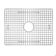 Stainless steel sink grid with square mesh pattern and centered circular drain opening.