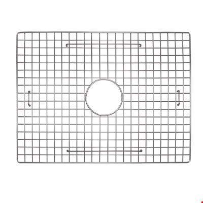 Stainless steel sink grid with square mesh pattern and centered circular drain opening.