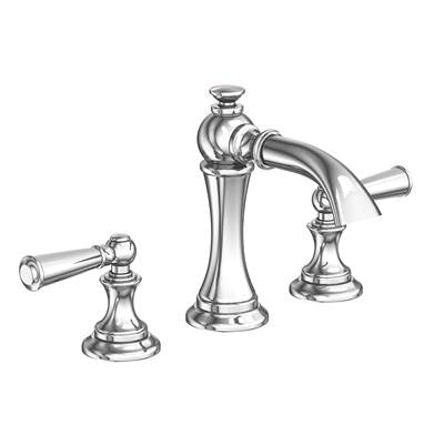 Chrome widespread bathroom sink faucet with tall center spout and two lever handles on either side.