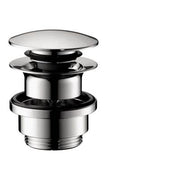 Chrome push-open sink drain with 1 1/4" connection showing stacked internal components and flat top cap.