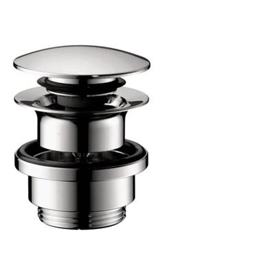 Chrome push-open sink drain with 1 1/4" connection showing stacked internal components and flat top cap.
