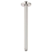 Chrome ceiling shower arm with round mounting plate and straight vertical pipe.