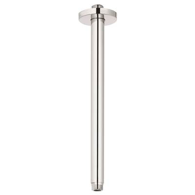 Chrome ceiling shower arm with round mounting plate and straight vertical pipe.