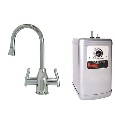 Polished nickel dual-handle hot and cold water dispenser faucet with matching compact heating tank unit.
