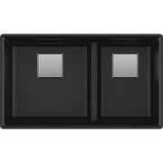Black granite double bowl kitchen sink with two equal-sized basins and stainless steel drain covers.
