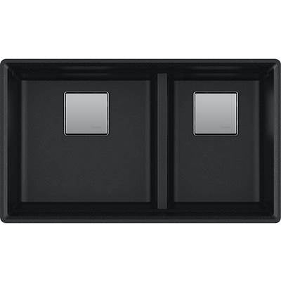 Black granite double bowl kitchen sink with two equal-sized basins and stainless steel drain covers.