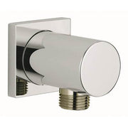 Chrome wall-mounted shower elbow connector with square mounting plate and threaded outlet.