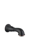 Rubbed bronze wall-mounted tub spout with curved downward-angled outlet and circular flange.