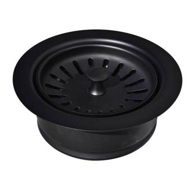 Matte black basket strainer with disposer trim and slotted drain pattern on top.