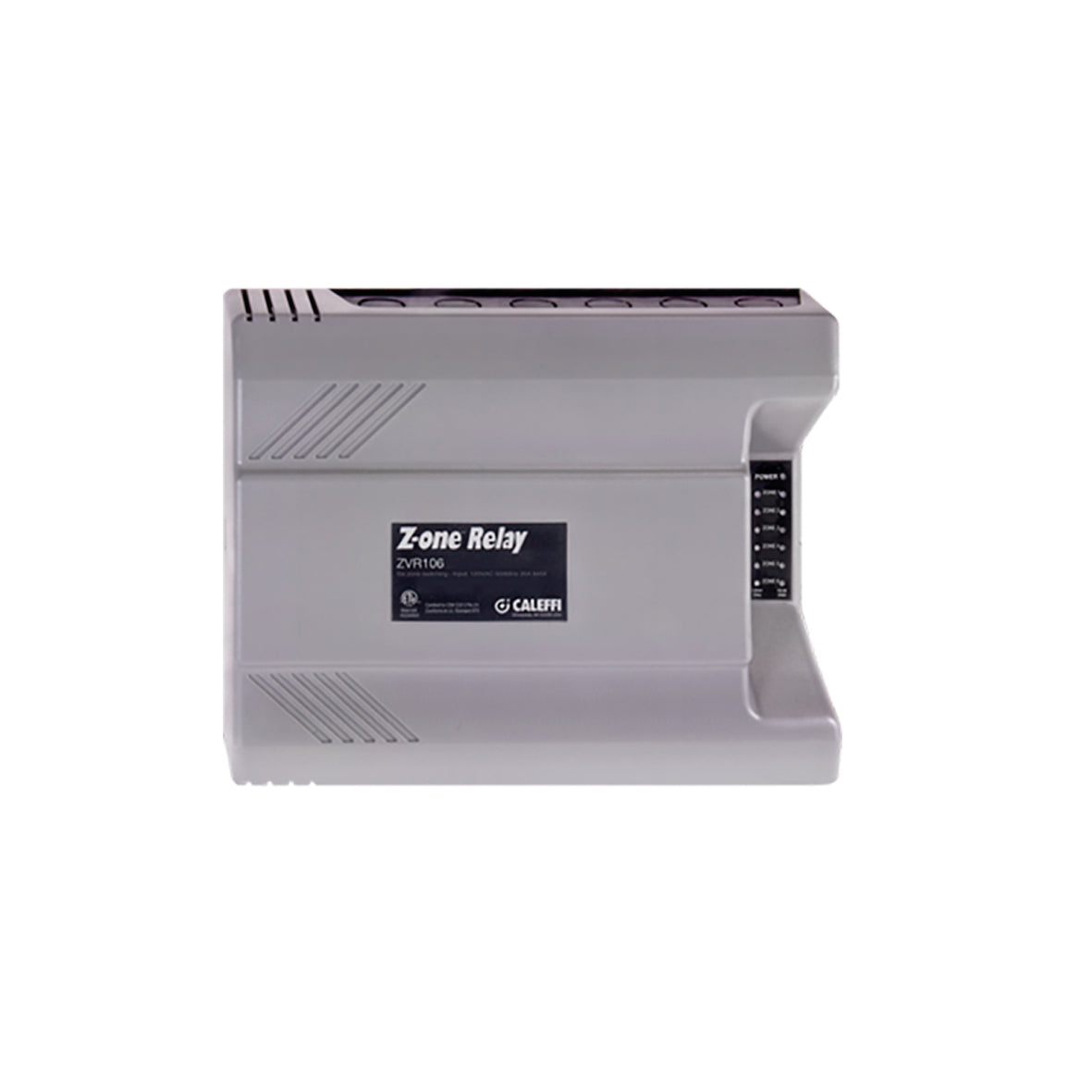 Caleffi Zone Relay transformer with gray housing, black label, and indicator lights on right side.