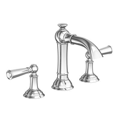 Chrome widespread bathroom sink faucet with tall center spout and two lever handles on pedestal bases.