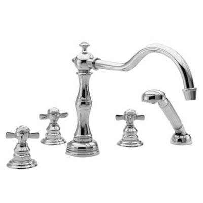 Polished chrome Roman tub faucet with curved spout, two cross handles, and detached hand shower with holder.