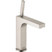 Brushed nickel single-hole bathroom faucet with tall cylindrical base and angular spout.